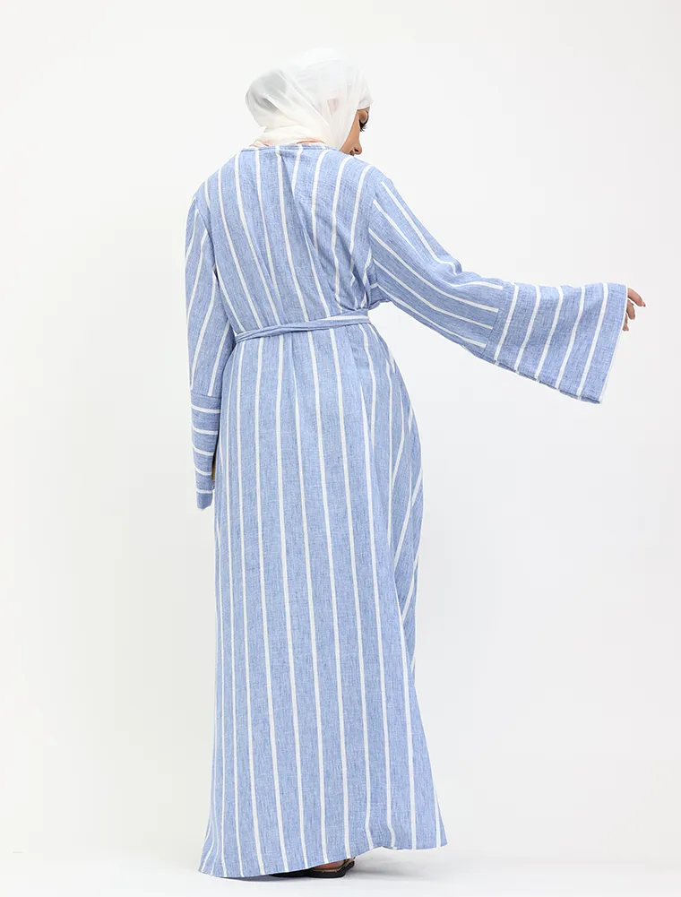 Blue Linen Feel Striped Belted Abaya